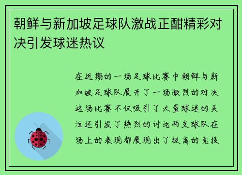 朝鲜与新加坡足球队激战正酣精彩对决引发球迷热议